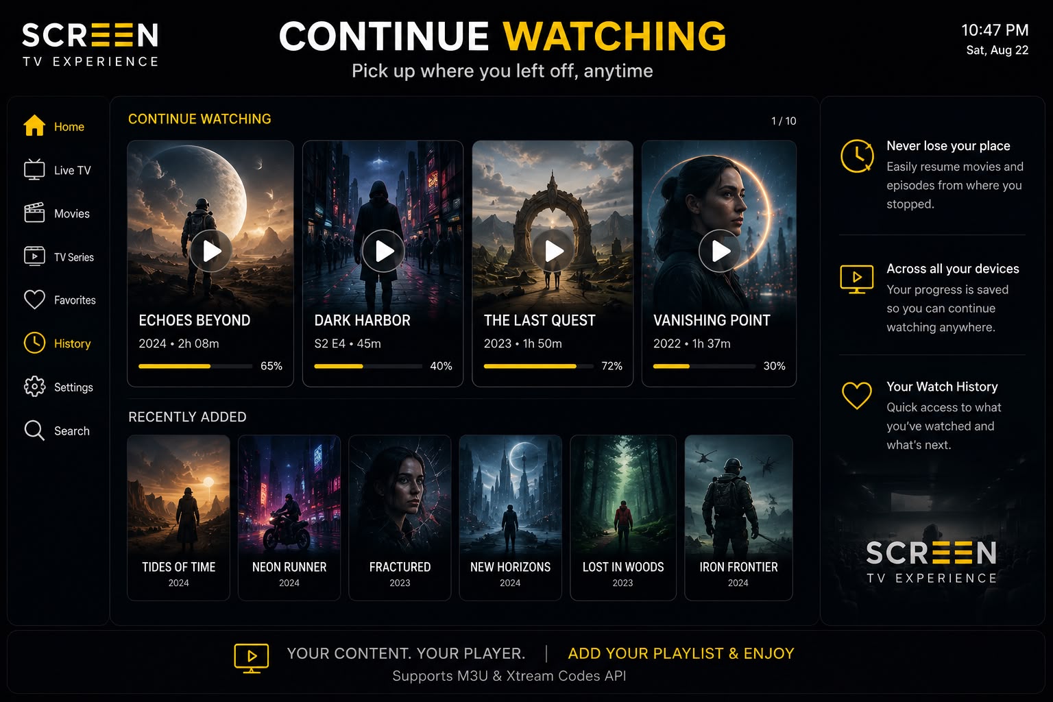 Page « Reprendre la lecture » de Screen TV affichant la progression enregistrée pour les films et les épisodes de séries TV