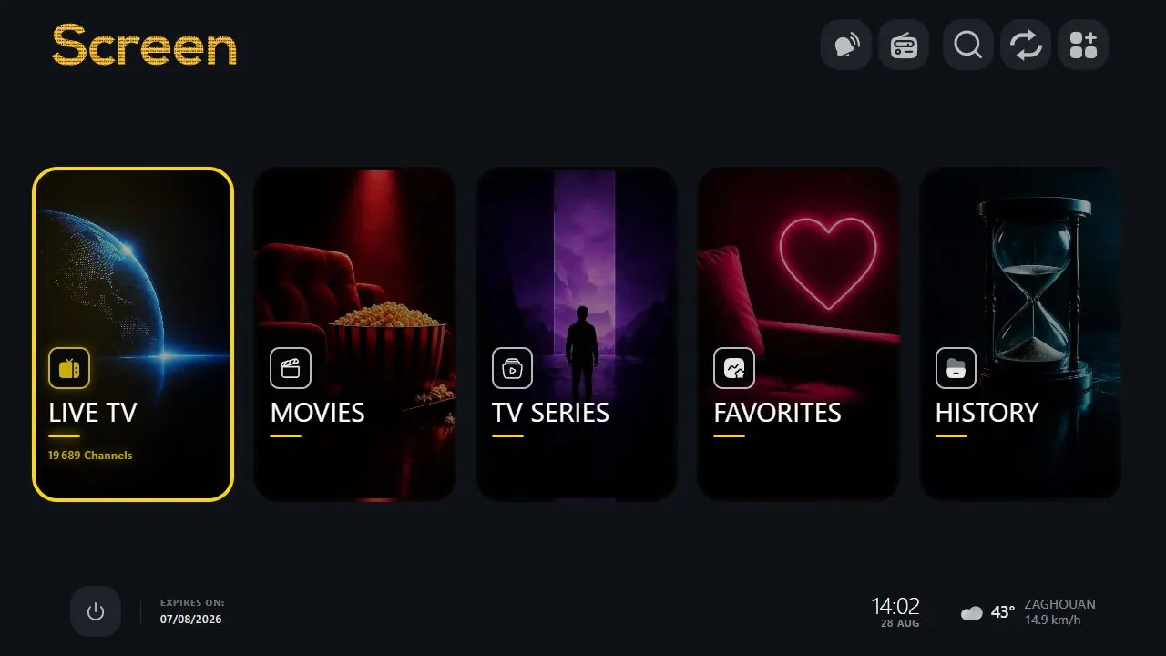 Screen TV home screen with navigation to playlist features