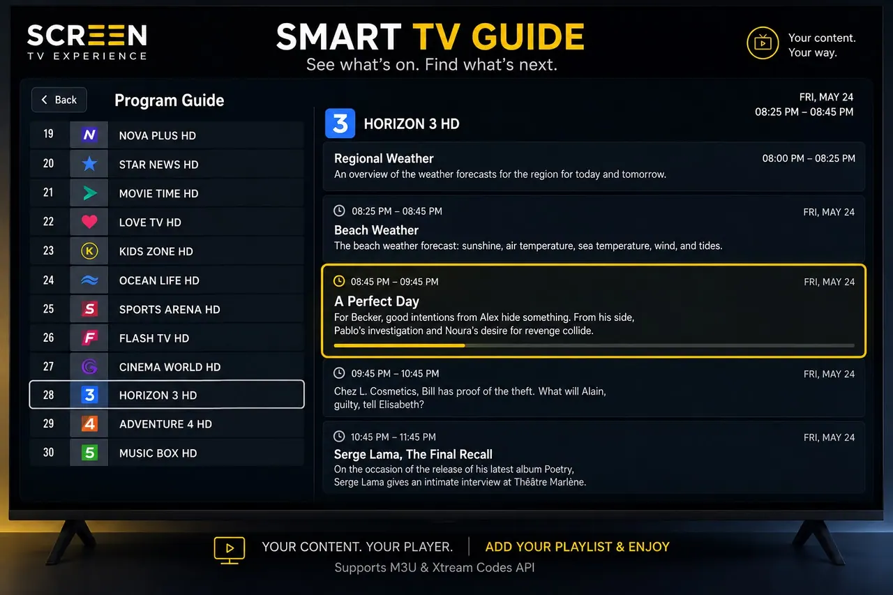 Screen TV electronic programme guide interface